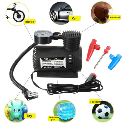 Tecfino 12V 300 PSI Portable Auto Electric Car Pump Air Compressor Tire Inflator Tool Car Bike Camping with Gauge