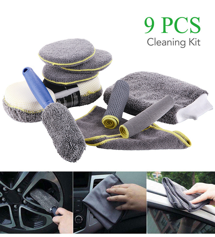 Tecfino 9pcs Microfiber Car Washing Set Cleaning Care Kit Car Wash Tool Kit