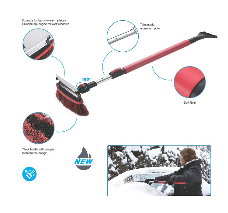 Tecfino Car Cleaning Wash Brush Telescopic Snow Broom Snow Sweeper Brush With Ice Scraper Aluminum Soft Bristle For Car