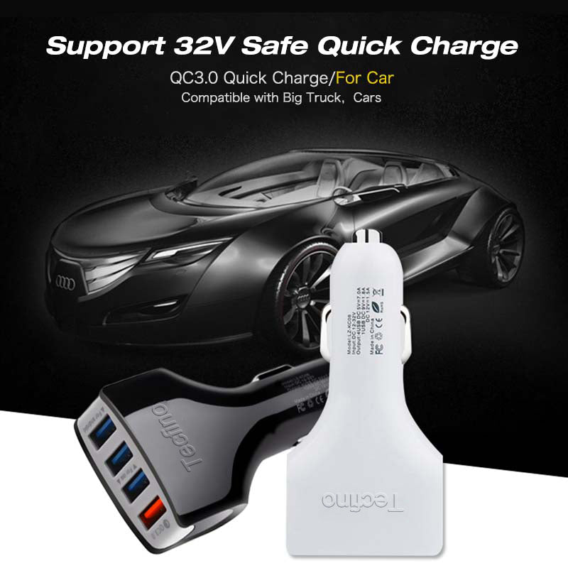 Tecfino Quick Phone Charger Adapter 4 Port USB Car Charger Fast Smart Charging For Samsung For iPhone