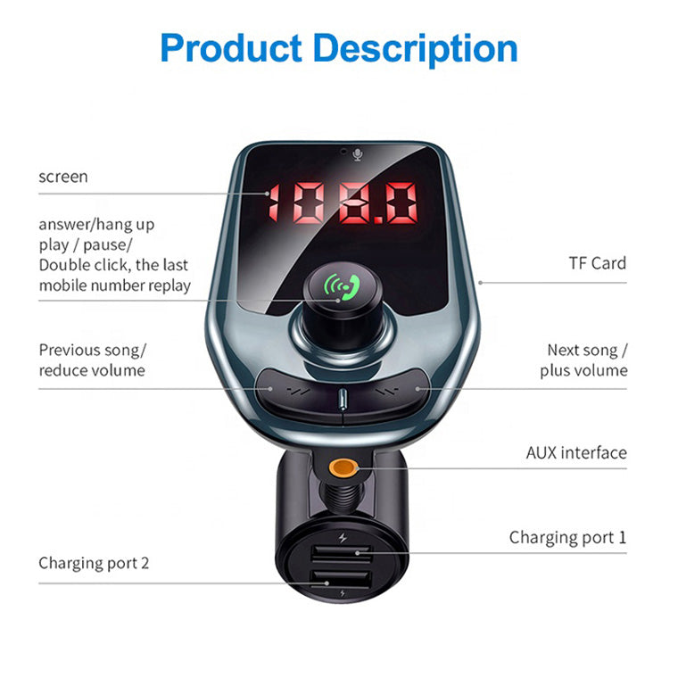 Tecfino Hot selling dual usb charging wireless ble car charger phone Mp3 player with intelligent display