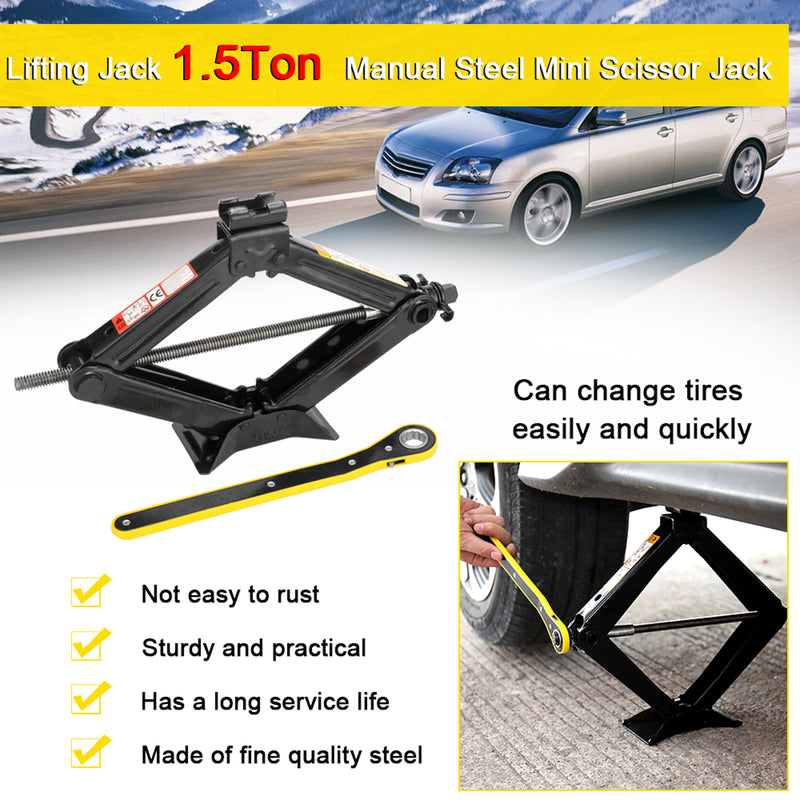 Tecfino 1.5 tons (3,000lbs) Capacity Black Steel Durable Car Scissor Jack with Crank Handle