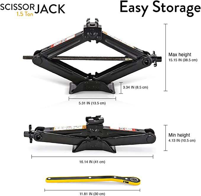 Tecfino Scissor Jack for car SUV MPV max 1.5 Tons(3,307 lbs) Capacity with Hand Crank Trolley Lifter with Ratchet