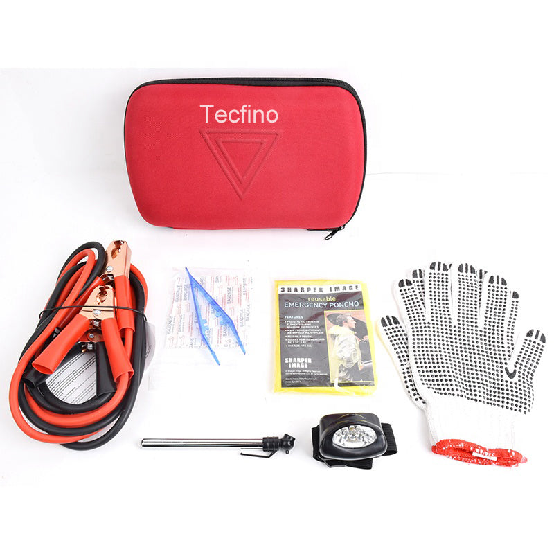 Tecfino Roadside Car Emergency Kit Include Mini First Aid Kit Jumper Cables Emergency Triangle