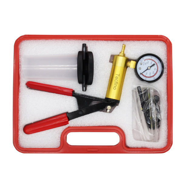 Tecfino Hand Held Vacuum Pump Tester Set Vacuum Gauge and Brake Bleeder Kit for Automotive with Adapters Case